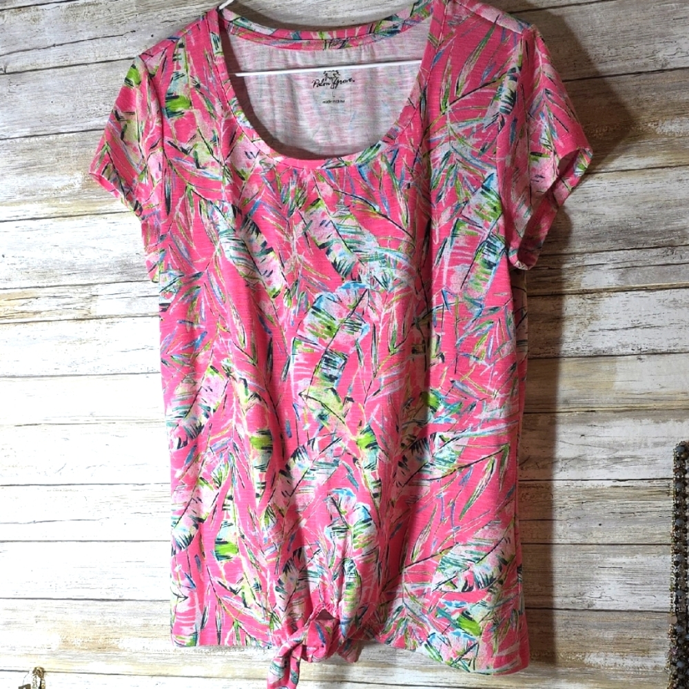 Palm Grove Tropical Pink Tie Front Graphic T-Shirt Sz L
